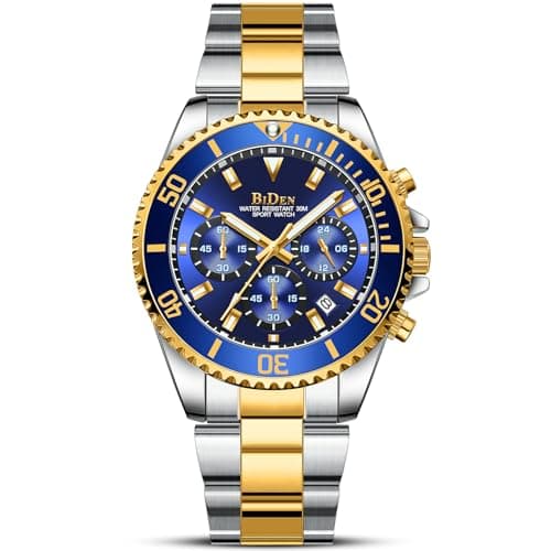 BIDEN Relojes de Pulsera para Hombre con cronógrafo, de Acero Inoxidable, Resistente al Agua, con Fecha, analógico, de Cuarzo, para Negocios, Casual, a la Moda, Oro Azul B