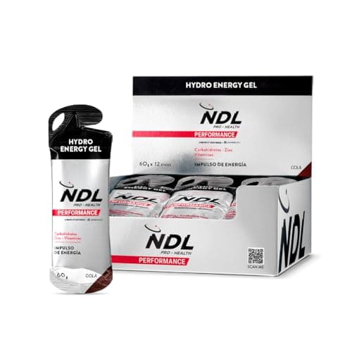 NDL Pro-Health Hydro energy gel - Gel energético deportivo con carbohidratos y sales minerales, bajo en azúcar, aporte energético inmediato, apertura fácil, sin cafeína, sabor cola, Pack 12-720g