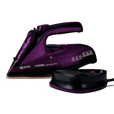 Tower T22008 Plancha Sin Cable: Plancha de Ropa sin Cable con Suela de Cerámica Ceraglide y Función de Vapor Variable: Plancha Inalámbrica de Ropa, 2400 W, Morado