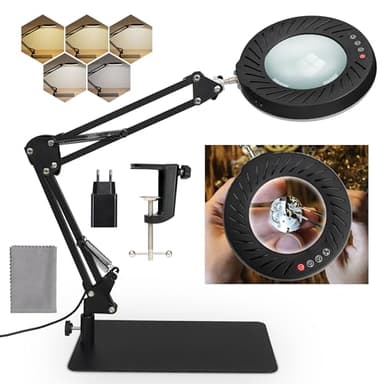 RealPlus 10X Lupa con Luz LED para Manualidades, Lampara Escritorio y Lupa 2 en 1 [con Base y Abrazadera, Soporte Ajustable], 5 Color, 10 Brillo, Ideal para Diamond Painting, Relojero, Lectura