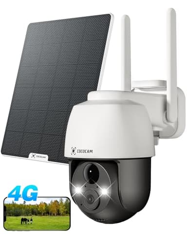 COCOCAM 4G LTE Camara Vigilancia Exterior Solar Sin WiFi con Tarjeta SIM, 2K PTZ Inalámbrico, 10000mAh, 6W Panel Solar, Detección Humana PIR, Reconocimiento AI, IP66, Funciona con Alexa