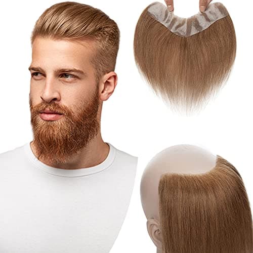 15cm SEGO Prótesis Capilares Hombre Pelo Natural Flequillo línea del pelo [#6 Castaño Claro] Cabello Humano Base de PU Peluca Peluquín Postizos Men's Hairline Toupee Toppers (4 * 18cm,12g)
