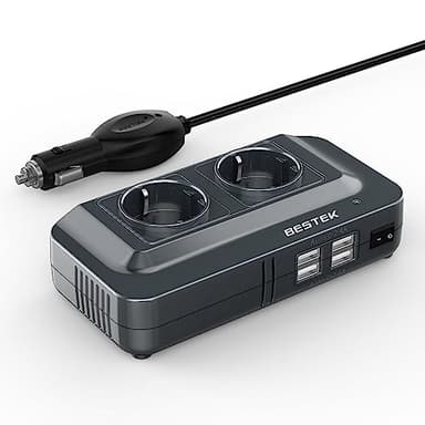 BESTEK - Convertidor de 12 V, 220 V, 230 V, 200 W, Transformador de tensión, 4 Puertos USB y 2 enchufes UE, Cargador de Coche para Camping con múltiples Protecciones y Soft Start
