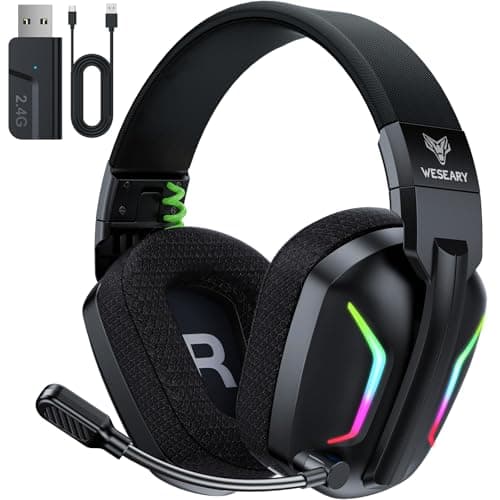 WESEARY WG1 Cascos Gaming Inalambricos, Auriculares Gaming Inalambricos para PS5, PS4, PC, Switch, Sonido Estéreo Auriculares con Microfono, Cascos con Luz LED, Duración 50Hr+
