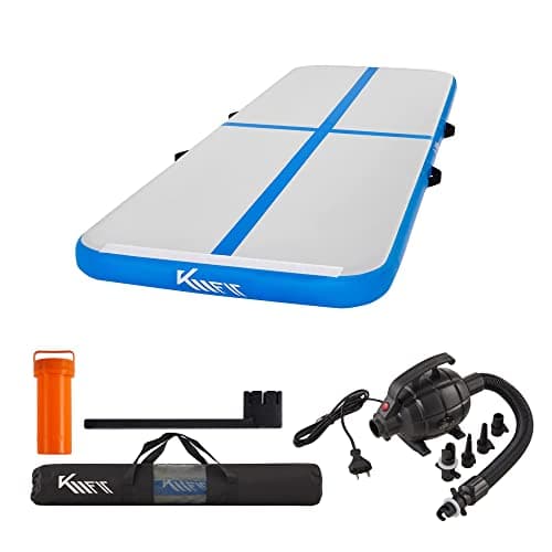 KM KM Fit Colchoneta hinchable Airtrack de 5 m, esterilla inflable para fitness, incluye bolsa de transporte, bomba de aire eléctrica y juego de parches, resistente a los rayos UV, color azul