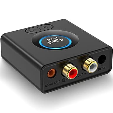 1Mii Receptor Bluetooth 5.1 HiFi, Adaptador Bluetooth Audio HD/Baja Latencia, Salida Jack AUX 3.5 mm/RCA, con Modo de Graves para Estéreo, Altavoz, Amplificador, Batería 12 Horas, Largo Alcance