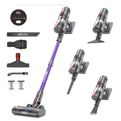 aujun J10 Aspiradora sin Cable 48Kpa/580W/70 Mins, Aspirador Escoba sin Cable Potente, 1.5L, Bajo Ruido, Aspirador Inalámbrico Antienredo para Suelos/Alfombras/Pelo de Animales