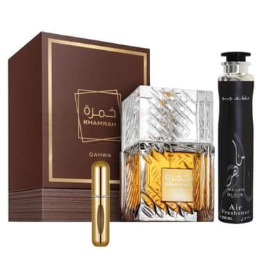 Perfume Árabe Khamrah Qahwa Original de Lujo 100ml + REGALO Ambientador Maahir Black 300ml y Atomizador 5ml – Fragancia Intensa con Café, Vainilla y Especias, Larga Duración, Exclusivo y Elegante