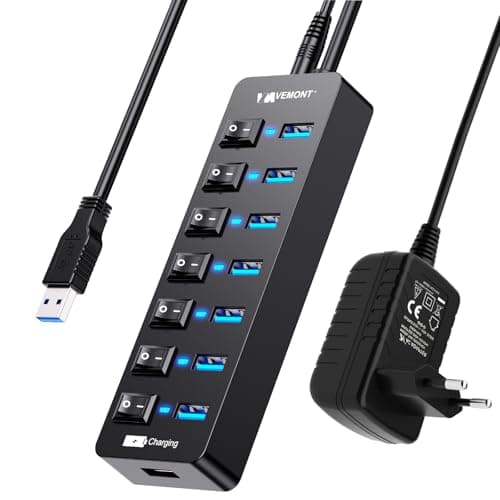 VEMONT - Hub USB Activo 3.0 con Fuente de alimentación, Distribuidor USB de 7 Puertos y 1 Carga Inteligente con 5 V/3 A, Divisor con Interruptor Individual y Cable de 1,2 m de Largo para PC/Ordenador
