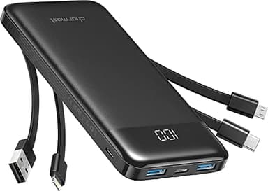 Charmast Power Bank 10000mAh con Cables Integrados, USB C Cargador Portátil 5V / 3A Powerbank Pantalla LED con 6 Salidas y 3 Entradas para iPhone Samsung Huawei Xiaomi