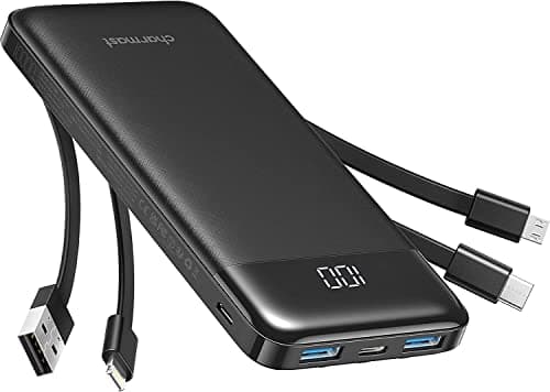 Charmast Power Bank 10000mAh con Cables Integrados, USB C Cargador Portátil 5V / 3A Powerbank Pantalla LED con 6 Salidas y 3 Entradas para iPhone Samsung Huawei Xiaomi