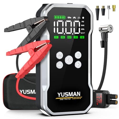 YUSMAN Arrancador de Baterias de Coche con Compresor de Aire, 12V 5000A Arrancador Coche Portatil con Inflador de 150 PSI (para 10L Gasolina o 8L Diesel), Linterna LED de Emergencia
