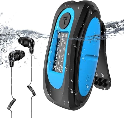 AGPTEK Mp3 Acuatico 8GB con Pantalla, S07 Clip Reproductor MP3 Waterproof IPX 8 Soporta Rdaio FM, Aleatorio Modo para Nadar, Correr, Azul