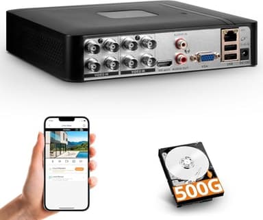 DVR de vigilancia 8 Canales H.265+ con Grabador de Video de Seguridad de 500 GB HDD, DVR híbrido 5 en 1 CCTV para cámaras IPC/AHD/TVI/XVI/CVI, DVR para Sistema de cámaras de Seguridad para el hogar