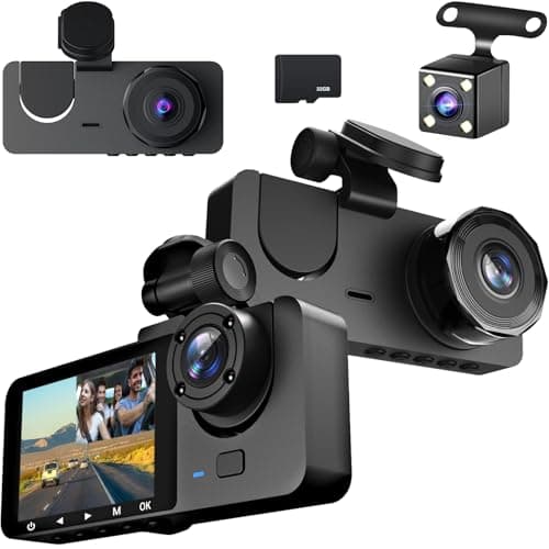 ROTRES Cámara de Coche,1080P HD Camara Coche Vigilancia,Dashcam Cámara de Coche Frontal e Interior y Trasera,Super Visión Nocturna,Monitor de Aparcamiento,Tarjeta SD 32G,Grabación de Bucle,2 Pulgadas