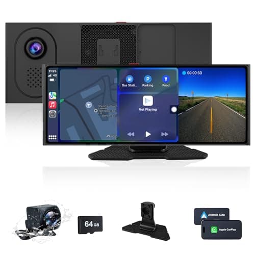 Pantalla inalámbrica de 10,26 pulgadas, radio portátil compatible con A-pple Carplay & Android Auto, radio con Dashcam 4K, cámara trasera AHD 1080P, Mirror Link, AUX/FM/BT, tarjeta TF de 64G