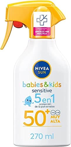 NIVEA SUN Babies & Kids Sensitive Spray FP50+ (1 x 270 ml), Protector Solar Resistente al Agua para Piel Sensible, Crema para bebés y niños