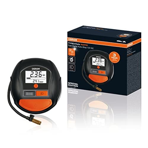OSRAM TYREinflate RAPID, compresor de aire digital de 12V, compresor portátil, auto-parada, luz LED, programable, compresor de aire eléctrico para neumáticos, conexión 12V, infla neumáticos en 2 min