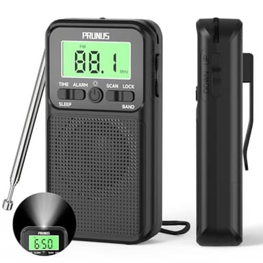 PRUNUS J-128 Am/FM Radio Portatil Pequeña, Radio Digital con Despertador/Temporizador de Sueño, Transistor Radios a Pilas, con Toma de Auriculares y Botones de Bloqueo para Correr, Caminar, Viajar.