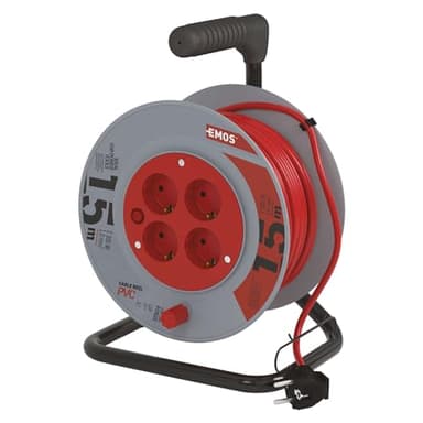 EMOS - Carrete de Cable de 15m - 4 enchufes Schuko - 230 V, 10 A, 2300 W - Aislamiento de PVC H05VV-F3G 1,0 mm2 - Protección contra sobrecalentamiento, Freno de Bobina - IP20 para