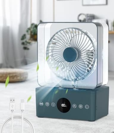 Aire Acondicionado Portátil, 4 en 1 Mini Aire Acondicionado Portátil Ventilador, 1000ml Humidificador y Temporizador, 4 Colores LED, 3 Modo Niebla, 3 Velocidades para Oficina Hogar
