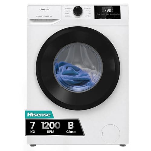 Hisense WF1G7021BW - Lavadora, Clase B, 7 Kg, 1200 rpm, Alto 84.5cm x Ancho 59.5 cm, Color Blanco, Función Vapor 99.9%, Lavado Rápido, Pausar y Añadir, Finalización Diferida, Limpieza de Tambor