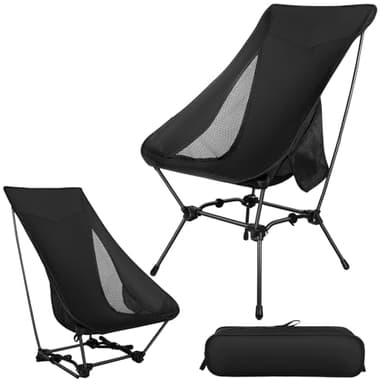 Wesditly Silla de Camping Ligera con Bolsa de Transporte & Bolsillos Laterales y reposacabezas, Silla de Camping Plegable Capacidad de Carga de 150 kg, Altura Ajustable para Senderismo Pesca (Negro)