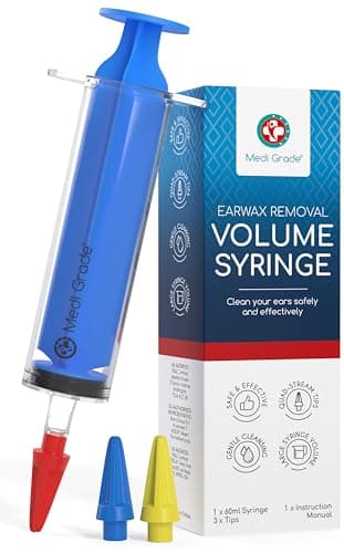 Medi Grade Kit Limpia Oídos – Limpiador de Tapones Oídos Seguro – Set Limpiador de Oídos – Con Jeringuilla Grande de 60 ml y 3x Puntas Suaves para Sacar Cera