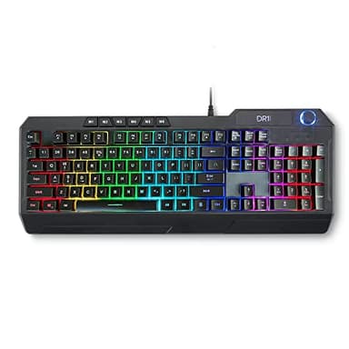 DR1TECH [Amazon Exclusive] Wasp Teclado Gaming RGB para PC Retroiluminado Y Ergonómico - 104 Teclas con 26-Key Anti Ghosting - Teclado USB con Cable + Knob Multimedial, teclado ingles
