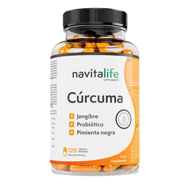 Cúrcuma 1360 mg + Probióticos + Jengibre + Pimienta negra. Alto porcentaje Curcumina. Alta biodisponibilidad. Acción natural dolor muscular e inflamación. Cúrcuma capsulas Navitalife Supplements.