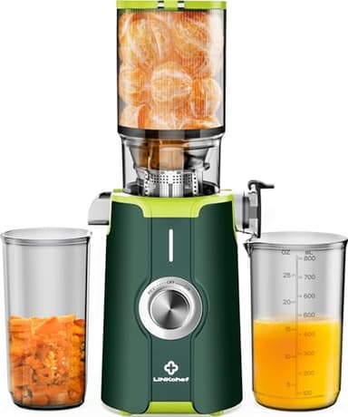 Limpieza Rápida Licuadora Prensado en Frio, Sin Preparación 115mm Slow Juicer, LINKChef Extractor de Jugos Verduras y Frutas Enteras de Prensado en Frio, Fácil de Limpiar, 1.2L, 200w, Verde