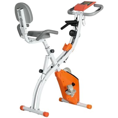 HOMCOM Bicicleta Estática Plegable Regulable en Altura Resistencia Magnética Ajustable Bicicleta de Ejercicio Fitness con Pantalla LCD y Asiento con Respaldo Sensor de Pulso 105x48x118 cm Naranja