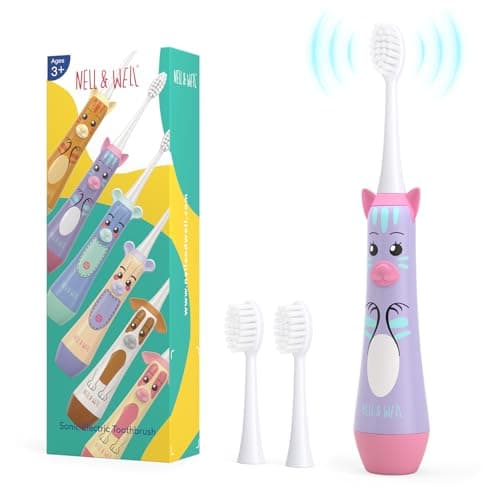 NELL&WELL - Cepillo de dientes eléctrico para niños con temporizador de cepillado de 2 minutos, cepillos de dientes alimentados por pilas con 3 cabezales de cerdas suaves para niños y niñas a partir
