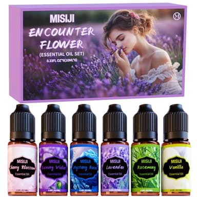 MISIJI Flores Aceites Esenciales para Humidificador Difusor- Flor de cerezo, rosa misteriosa, romero, vainilla, lavanda, violeta de lujo,6x10mL