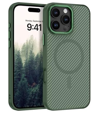 GUAGUA Funda Magnética para iPhone 16 Pro MAX, Compatible con MagSafe Carcasa Protectora Antigolpes Patrón de Fibra de Carbono Mate Trasera Fina Robusta Anti-Amarilleo Case iPhone 16 Pro MAX, Verde