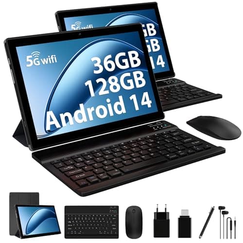 LEVIRTU Tablet 10 Pulgadas Android 14 con 36GB RAM 128GB ROM (1TB TF) WiFi 6, 5G+2.4G WiFi, Octa-Core, 8000mAh, Widevine L3, BT 5.0, Tableta táctil con Teclado, ratón, Funda -Negro