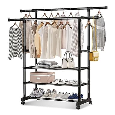 ALKNOT - Burro Ropa, Perchero burro ropa con ruedas,burros percheros de ropa resistente cou 3 Compartimentos de Almacenamiento,Percha extensible de doble poste