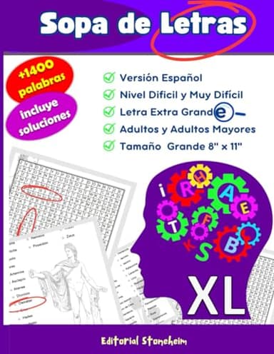 Sopa de Letras adultos difícil en Español: Pasatiempos para adultos y mayores. Niveles difícil y muy difícil. Letra extra grande. Tamaño grande (8" x ... y soluciones + Bonus: 6 Crucigramas