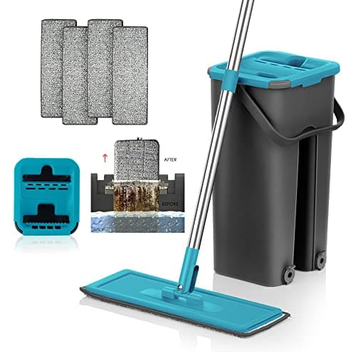 Mopa para Limpiar Azulejos Paredes Suelos Mopa Fregona con Cubo Escurridor Fregona Plana Cubo Mopa con 6 Almohadillas Autoescurrible Parquet Madera Ventanas Mop Bucket Trapeadora Gamuza (AZUL Y NEGRO)
