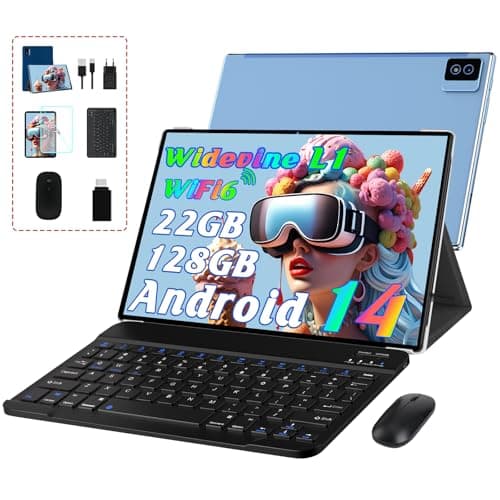 Biegedy Tablet Android 14 Tablet 10 Pulgadas, 22GB RAM + 128GB ROM (TF 1TB), 5G+2.4G Dual Band WiFi 6, Widevine L1 / 8000mAh / Octa-Core 2.0 GHz/GMS / 5MP+8MP / BT5.0 / GPS, con Teclado y Raton Azul