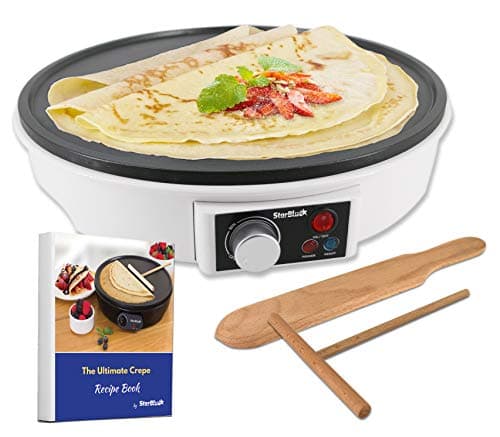 StarBlue Máquina Eléctrica Para Hacer Crepes Y Tortitas De 30,5 Cm, Con Libro Electrónico De Recetas Y Espátula De Madera, Ca 220-240 V, 50/60 Hz Y 1000 W, Enchufe Del Reino Unido Y Adaptador Europeo