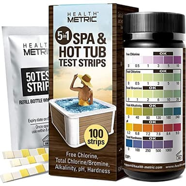 Health Metric Tiras Reactivas para Bañeras de Hidromasaje y Spas - 100 uds - Kit 5 en 1 para Cloro, Alcalinidad, pH y Dureza - Test Calibrado para Piscina de Agua Caliente
