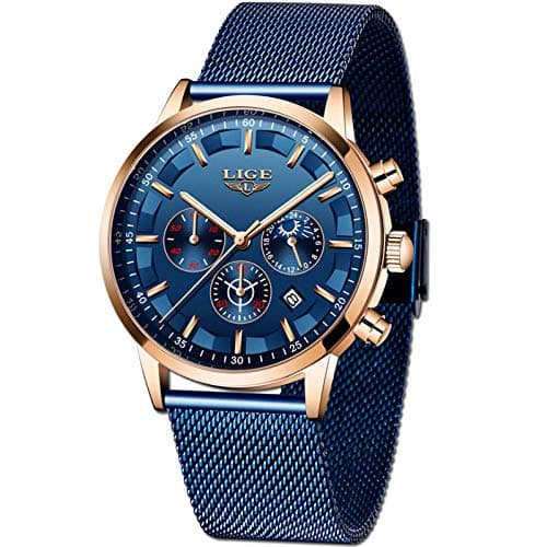 LIGE Relojes Hombre Moda Impermeable Acero Inoxidable Analógico Cuarzo Relojes Negocio Azul Automática Fecha Relojes