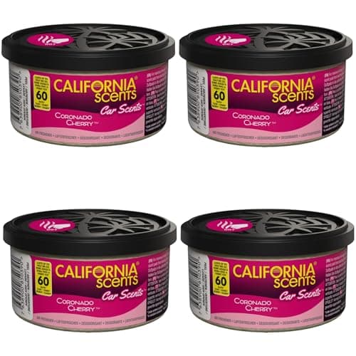 California Scents Ambientador de coche en Lata - 4 Pack - Fragancia Duradera de Cereza (Hasta 30 Días) - Control de Intensidad de Olor para un Ambiente Fresco y Personalizado en tu Coche, 42g