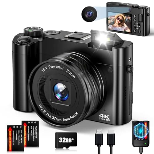 Cámara Digital 4K Cámara De Fotos con Enfoque Automático 64MP Cámara Compacta con Duales Cámara, Zoom Digital 16X, Tarjeta De 32GB, 2 Baterías, Antivibración para Adolescentes, Principiantes (Negro)