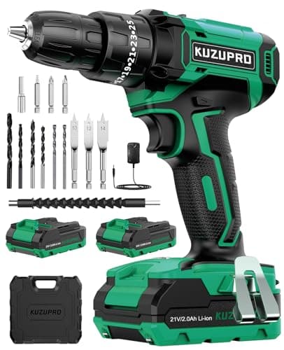 KUZUPRO Taladro Percutor a Bateria 21V, Taladro Atornillador Bateria con 2*2.0Ah Baterías, Atornillador Electrico 42Nm, 25*3 Ajuste de Par, 14 Accesorios, 2 Velocidad, LED Luz Para Hogar, Bricolaje