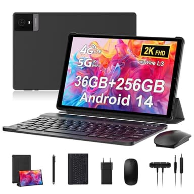 RUSHAR 2025 Newest Tablet 10.4 Pulgadas,Tablet Android 14 con 36GB RAM+256GB ROM(TF 1TB),Tablet con 4G LTE+5G WiFi,IPS 2K HD,8000mAh,Octa-Core,13MP+8MP,Bluetooth 5.0,Tablet con Teclado y Raton,Negro