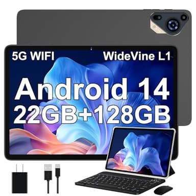 Tablet 10 Pulgadas Android 14 con 22 GB RAM + 128 GB ROM (Ampliable a 1TB), Widevine L1 Tablets, 5G Wi-Fi, GPS, 8000 mAh, 8 Cores 2.0 GHz, 5MP + 8MP, FHD Tablet con Teclado + Ratón + Funda, Gris plomo