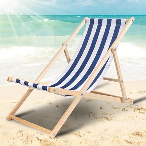 Ollewiellan Tumbona plegable de madera, silla de playa, hasta 150 kg, tumbona plegable, resistente, para jardín, playa, camping y viaje (rayas azules y blancas)