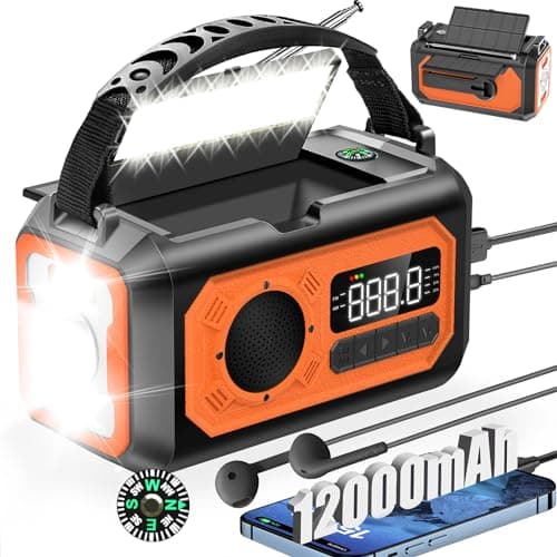 Radio de manivela de 12000 mAh con función de Carga Solar, 2 Paneles solares, manivela Am/FM de Emergencia, 3 métodos de Carga, Radio de Emergencia portátil 7 en 1, SOS, Linterna, Conector para